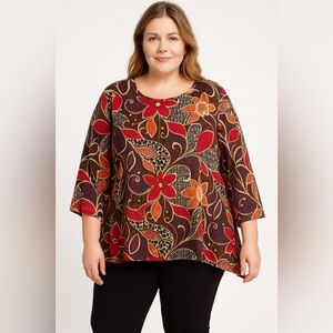 Hot Cotton Multicolor Floral Tunic - Red, Orange, Brown